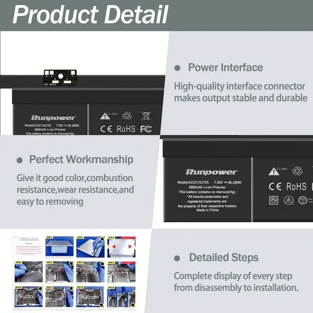 Alt view image 3 of 5 - Runpower A1534 Battery, A1705 A1527 Replacement Laptop Battery is Compatible with MacBook 12 Inch Retina A1534 Battery(Early 2015 2016 2017) 7.56V 36.28WH 4800mAh