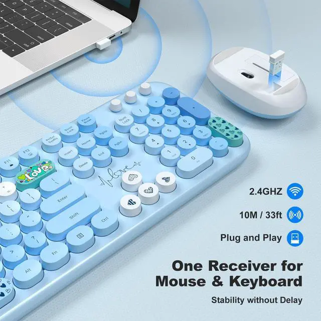 Alt view image 2 of 5 - MOFII Wireless Keyboard and Mouse Combo, Full Size 2.4G Plug and Play Typewriter Retro Round Computer Keyboard and Mouse Set for Windows, Computer, Desktop, PC, Notebook - (Blue Colorful)