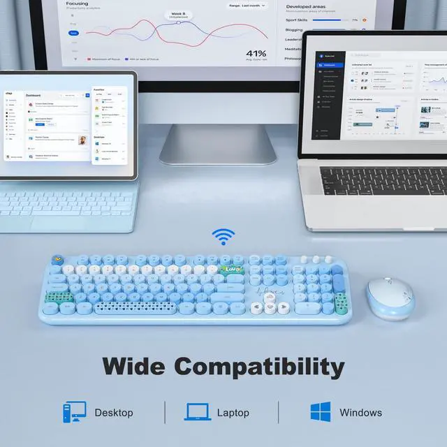 Alt view image 3 of 5 - MOFII Wireless Keyboard and Mouse Combo, Full Size 2.4G Plug and Play Typewriter Retro Round Computer Keyboard and Mouse Set for Windows, Computer, Desktop, PC, Notebook - (Blue Colorful)
