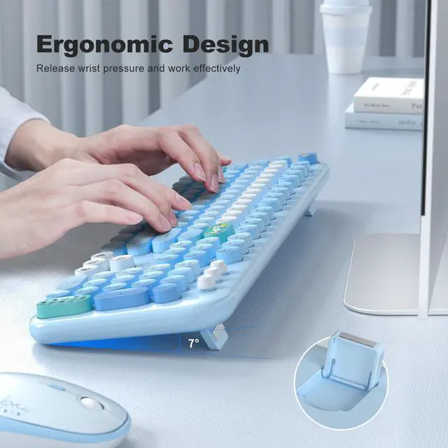 Alt view image 4 of 5 - MOFII Wireless Keyboard and Mouse Combo, Full Size 2.4G Plug and Play Typewriter Retro Round Computer Keyboard and Mouse Set for Windows, Computer, Desktop, PC, Notebook - (Blue Colorful)