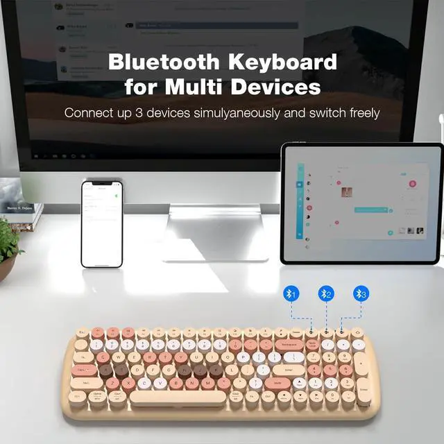 Alt view image 2 of 5 - MOFII Wireless Bluetooth Keyboard for Mac, iPad, iPhone, PC, Laptop & Android, Connect up to 3 Devices Simultaneously, Portable 100-Key Typewriter Retro Round Keycaps Keyboard- Milk Tea Colorful