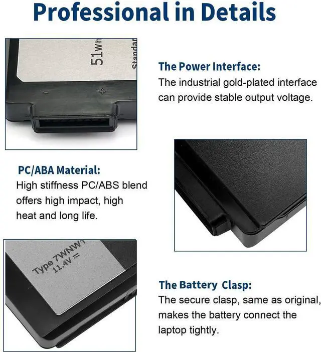 Alt view image 4 of 5 - 51Wh 7WNW1 Laptop Battery 11.4V Replacement for Dell Latitude 14 5424 14 5420 14 7424 Rugged Extreme Series 07WNW1 DMF0C DMF8C GK3D3 6NNCF 06NNCF DP3KF 0DP3KF 451-BCHV P137G P85G P86G P137G001 P86G001
