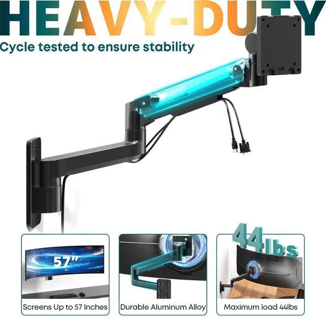 Alt view image 3 of 5 - Monitor Wall Mount for 17-57-inch Screens - Heavy Duty Single Wall Mount Monitor Arm for Most Ultrawide Screens, Fully Adjustable, for Home & Office use, Max Load 44lbs, VESA 75 100 200 mm, Black