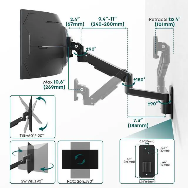 Alt view image 4 of 5 - Monitor Wall Mount for 17-57-inch Screens - Heavy Duty Single Wall Mount Monitor Arm for Most Ultrawide Screens, Fully Adjustable, for Home & Office use, Max Load 44lbs, VESA 75 100 200 mm, Black