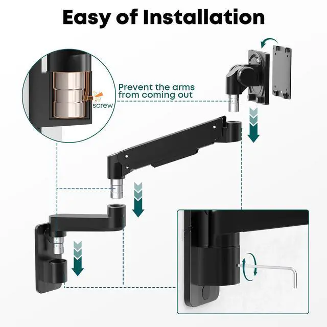 Alt view image 5 of 5 - Monitor Wall Mount for 17-57-inch Screens - Heavy Duty Single Wall Mount Monitor Arm for Most Ultrawide Screens, Fully Adjustable, for Home & Office use, Max Load 44lbs, VESA 75 100 200 mm, Black
