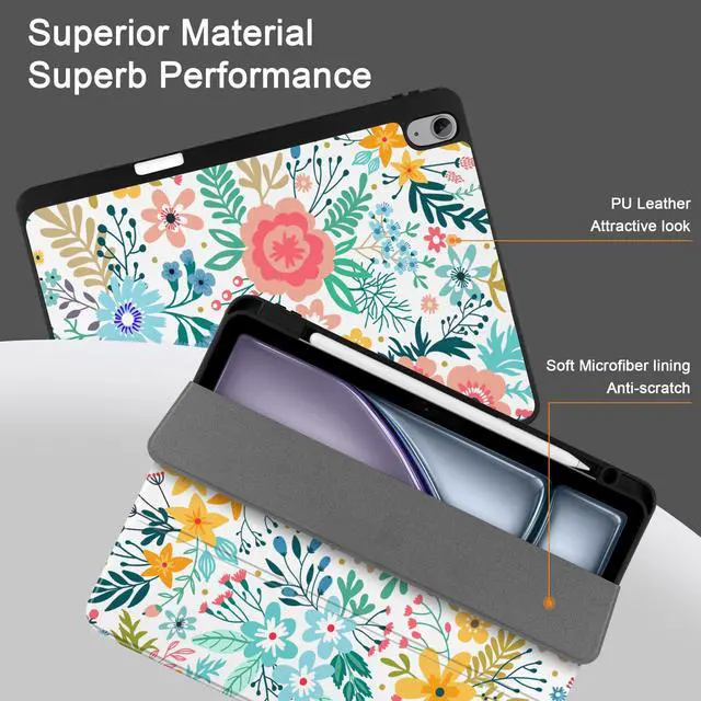 Alt view image 2 of 5 - DONGKE for iPad Air 13 Inch Case M3 2025, M2 2024 - [Built-in Pencil Holder] Slim Trifold Stand Shockproof Protective Cover with Soft TPU Back Support Auto Sleep/Wake - Flower