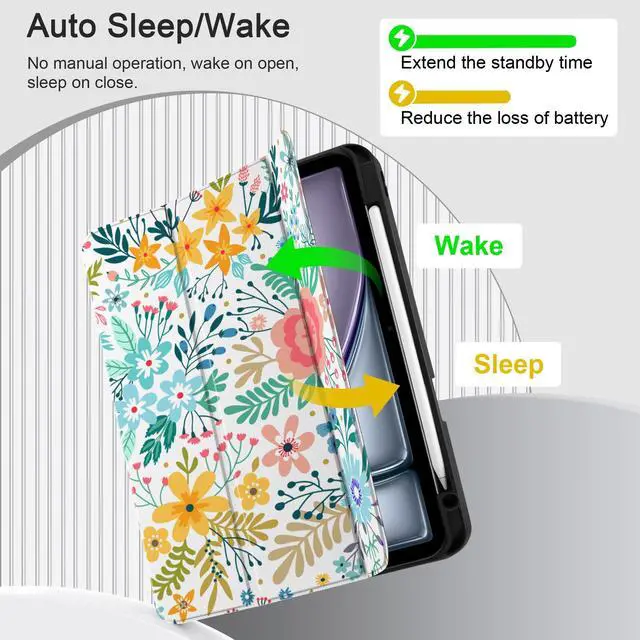 Alt view image 5 of 5 - DONGKE for iPad Air 13 Inch Case M3 2025, M2 2024 - [Built-in Pencil Holder] Slim Trifold Stand Shockproof Protective Cover with Soft TPU Back Support Auto Sleep/Wake - Flower