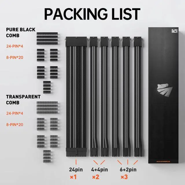 Alt view image 2 of 5 - Asiahorse Power Supply Sleeved Cable for Power Supply Extension Cable Wire Kit 1x24-PIN/ 2x8-PORT (4+4) M/B,3x8-PORT (6+2) PCI-E 30cm Length with Combs(Dual EPS Black-Mix)