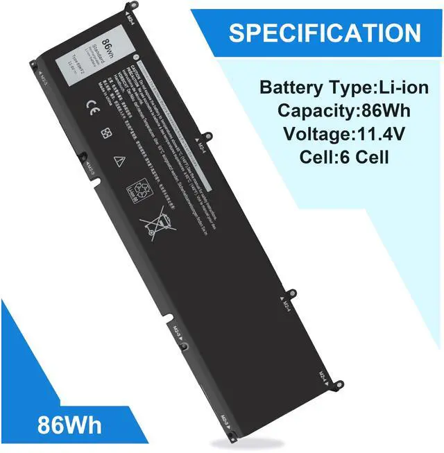 Alt view image 3 of 5 - 15 9500 69KF2 86Wh Battery for Dell Alienware M16 R3 M17 R3 P87F P91F P45E for XPS 15 9500 9510 9520 for Dell inspiron 16 Plus 7610 7620 for Precision 5550 5560 5570 G7 15 7500 70N2F M59JH