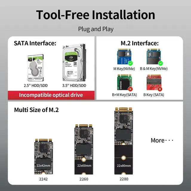 Alt view image 5 of 5 - Unitek M.2 NVME SATA SSD Enclosure-2 in 1 Tool-Free Portable 10Gbps NVMe PCI-E M.2 and SATA SSD External Adapter USB 3.2 Hard Drive Reader for 2230/2242/2260/2280 NVMe and 2.5" /3.5" SSD