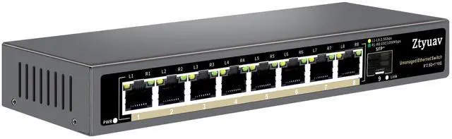 Main image of Ztyuav 9 Port Unmanaged 2.5G Ethernet Switch with 8 x 2.5G RJ-45 Base-T Ports, 1 x 10G SFP+, Ports Speed Auto-Negotiation-100/1000/2500Mbps, Desktop/Wall Mount, Fanless & Metal