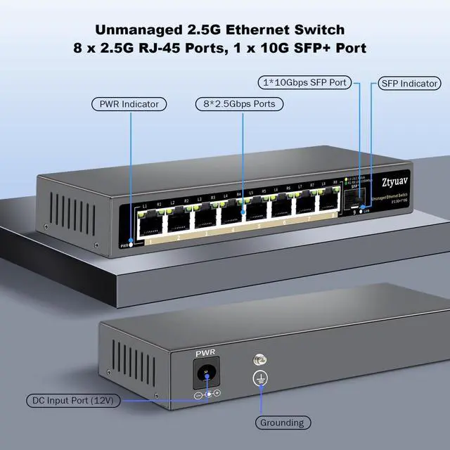 Alt view image 2 of 5 - Ztyuav 9 Port Unmanaged 2.5G Ethernet Switch with 8 x 2.5G RJ-45 Base-T Ports, 1 x 10G SFP+, Ports Speed Auto-Negotiation-100/1000/2500Mbps, Desktop/Wall Mount, Fanless & Metal