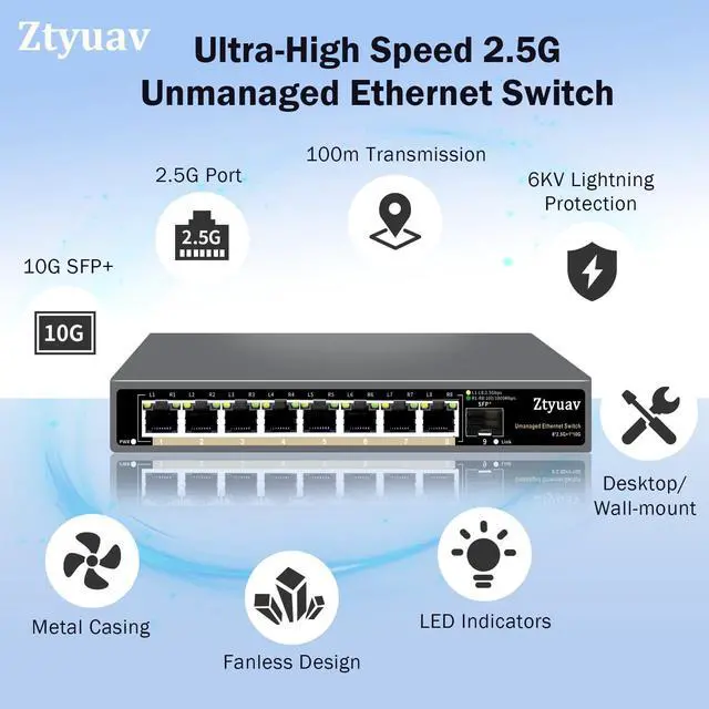 Alt view image 3 of 5 - Ztyuav 9 Port Unmanaged 2.5G Ethernet Switch with 8 x 2.5G RJ-45 Base-T Ports, 1 x 10G SFP+, Ports Speed Auto-Negotiation-100/1000/2500Mbps, Desktop/Wall Mount, Fanless & Metal