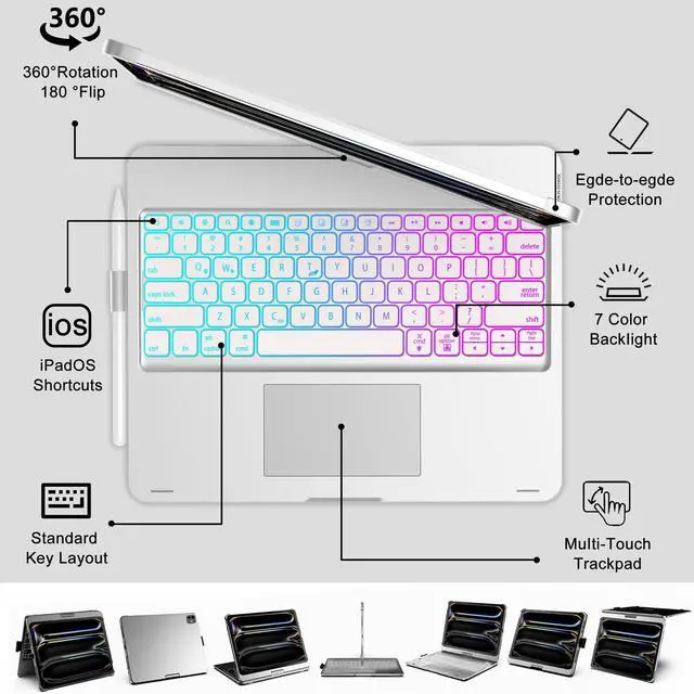 Alt view image 3 of 5 - Keyboard Case for iPad Pro 13-inch (M4, 2024), Trackpad, 360° Rotatable, Bluetooth Keyboard Cover, 7 Colors Backlit with Pencil Holder for iPad Pro 13 (SM-A2925/A2926/A3007), Auto Sleep/Wake, Silver