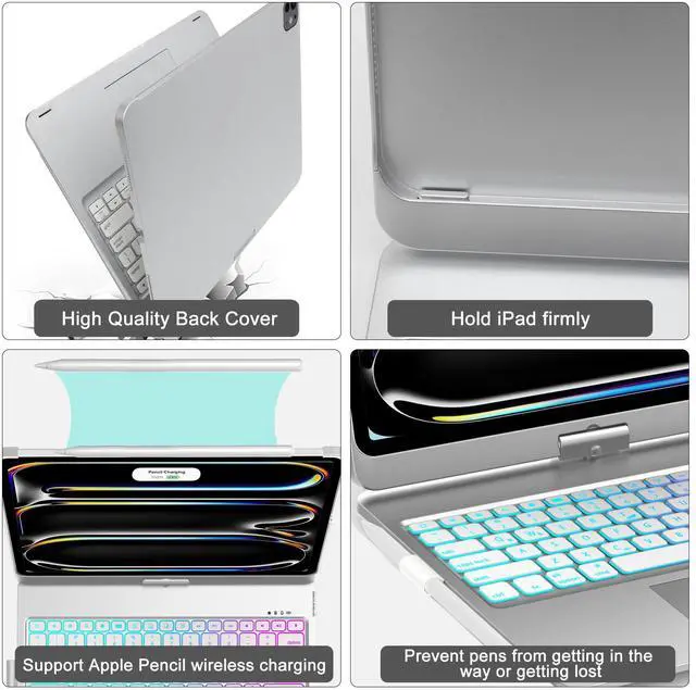 Alt view image 5 of 5 - Keyboard Case for iPad Pro 13-inch (M4, 2024), Trackpad, 360° Rotatable, Bluetooth Keyboard Cover, 7 Colors Backlit with Pencil Holder for iPad Pro 13 (SM-A2925/A2926/A3007), Auto Sleep/Wake, Silver