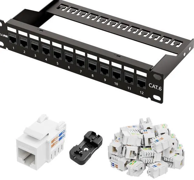 Main image of iwillink 12 Port RJ45 Through Coupler Cat6 Patch Panel with Back Bar and Keystone Jack RJ45 Keystone Jack 25-Pack
