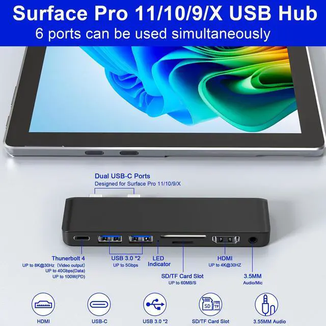 Alt view image 2 of 5 - Surface Pro 11 USB C Hub, Surface Pro 9 Hub Docking Station with 4K HDMI, Thunerbolt 4 (8K Video+Data+100W PD), 2*USB 3.0, 3.5mm Audio, SD/TF, Adapter for Surface Pro 11/10/9/X