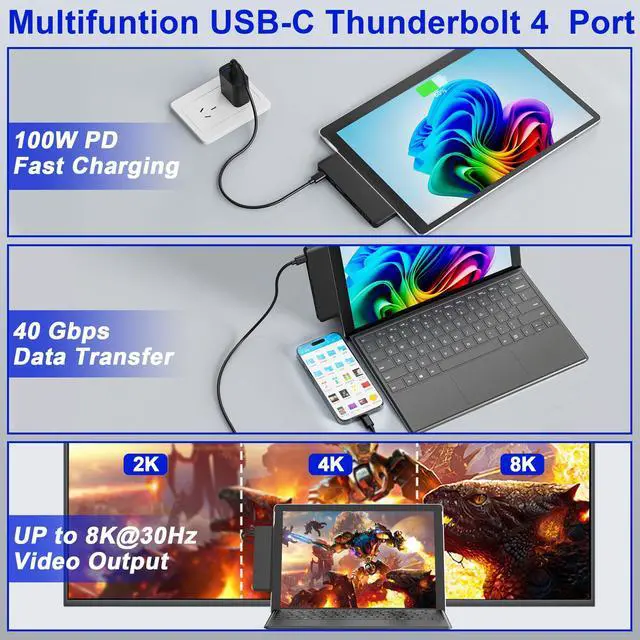 Alt view image 3 of 5 - Surface Pro 11 USB C Hub, Surface Pro 9 Hub Docking Station with 4K HDMI, Thunerbolt 4 (8K Video+Data+100W PD), 2*USB 3.0, 3.5mm Audio, SD/TF, Adapter for Surface Pro 11/10/9/X