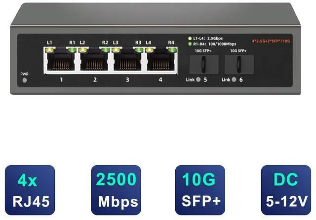 Alt view image 2 of 5 - 6 Port 2.5G Ethernet 2500Mbps Switch,4X 2.5GBASE-T Ports,2X 10G SFP+, 60Gbps Switching CapacityUnmanaged Plug & Play, Metal Case, Desktop/Wall-Mount