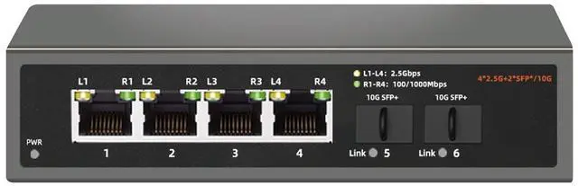 Main image of 6 Port 2.5G Ethernet 2500Mbps Switch,4X 2.5GBASE-T Ports,2X 10G SFP+, 60Gbps Switching CapacityUnmanaged Plug & Play, Metal Case, Desktop/Wall-Mount