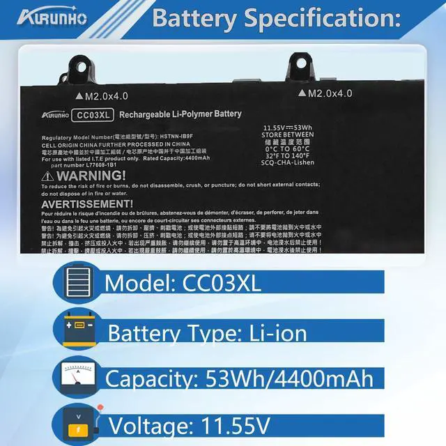 Alt view image 2 of 5 - AURUNHO CC03XL 53Wh Laptop Battery Replacement for HP ZBook Firefly 14 G7 G8, EliteBook 830 835 840 845 G7 G8, Probook 635 Aero G7 G8 Series L77608-2C1 L77608-421 L78555-005