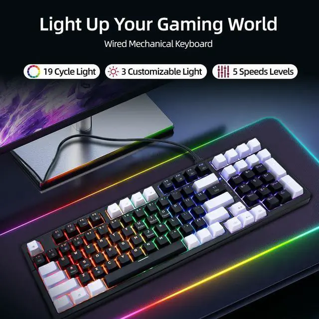 Alt view image 3 of 5 - WJX Mechanical Gaming Keyboard Wired 98 Full Key Compact RGB Backlit with 19 Modes Computer Clicky Keyboards for PC & Mac, Hot-Swappable Red Tactile Mechanical Switch, USB-C control PBT KeycapsBlack