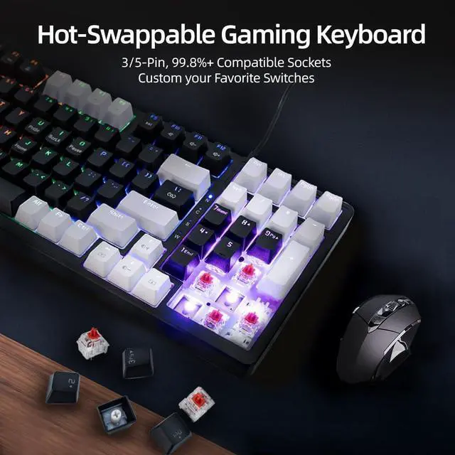 Alt view image 4 of 5 - WJX Mechanical Gaming Keyboard Wired 98 Full Key Compact RGB Backlit with 19 Modes Computer Clicky Keyboards for PC & Mac, Hot-Swappable Red Tactile Mechanical Switch, USB-C control PBT KeycapsBlack