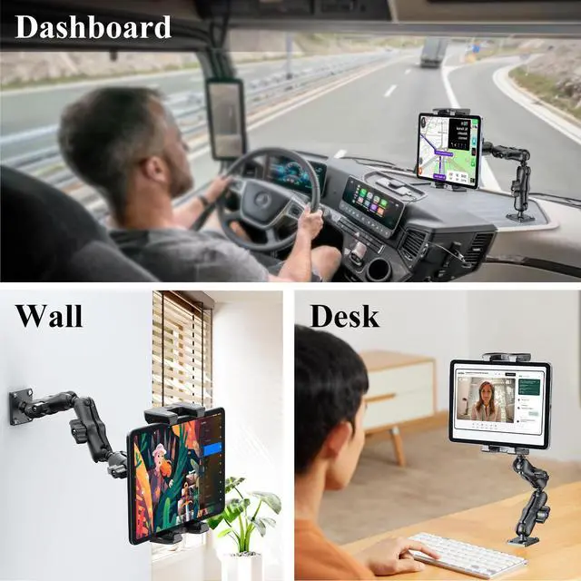 Alt view image 2 of 5 - OHLPRO Heavy Duty Drill Base Tablet Mount Holder, 360° Adjustable iPad Mount Truck Dashboard, 3-Stage Stand for 5-13" iPad Pro Air Mini Galaxy Tab Switch, Tablet Vehicle for Car Wall Desk