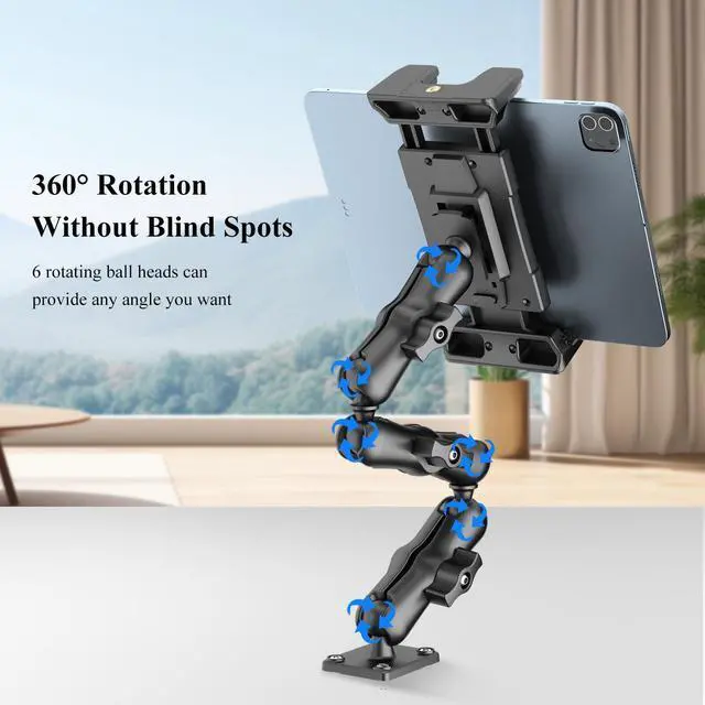 Alt view image 4 of 5 - OHLPRO Heavy Duty Drill Base Tablet Mount Holder, 360° Adjustable iPad Mount Truck Dashboard, 3-Stage Stand for 5-13" iPad Pro Air Mini Galaxy Tab Switch, Tablet Vehicle for Car Wall Desk