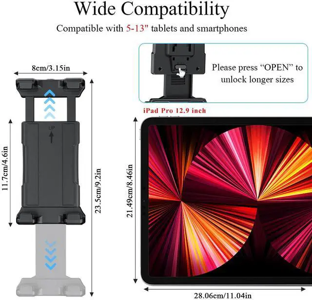 Alt view image 3 of 5 - OHLPRO Heavy Duty Drill Base Tablet Mount Holder, 360° Adjustable iPad Mount Truck Dashboard, 3-Stage Stand for 5-13" iPad Pro Air Mini Galaxy Tab Switch, Tablet Vehicle for Car Wall Desk