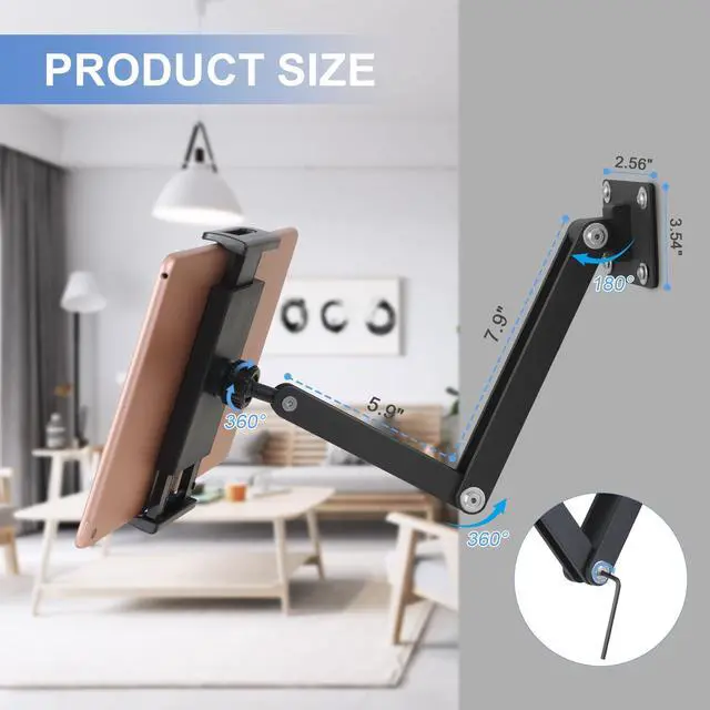 Alt view image 2 of 5 - ergoiuon Tablet Wall Mount,Adjustable iPad Wall Mount Holder,360°Rotating Flexibly, Compatible with 4.7-15.6" Tablets/Phones/iPad/eReaderBlack