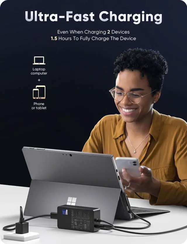 Alt view image 3 of 5 - Surface Pro Charger for 65W Microsoft Surface Pro Laptop 11,10,9,8,7+,7,6,5,4,3,X, Windows Surface Laptop 6,5,4,3,2,1, Surface Go 3,2,1, Tablet, Surface Book 3,2,1, Support 44W,39W,36W,24W,LED,10FT