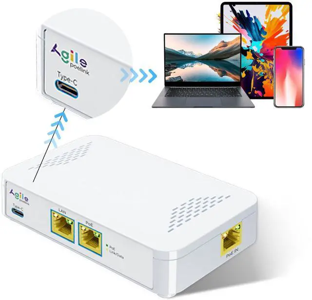 Alt view image 2 of 2 - Gigabit POE Switch with USB-C Port 60W AC Power 30W USB-C to Ethernet + Charge Adapter Port Desktop Plug & Play for High-Speed Network Access AG-P01AT