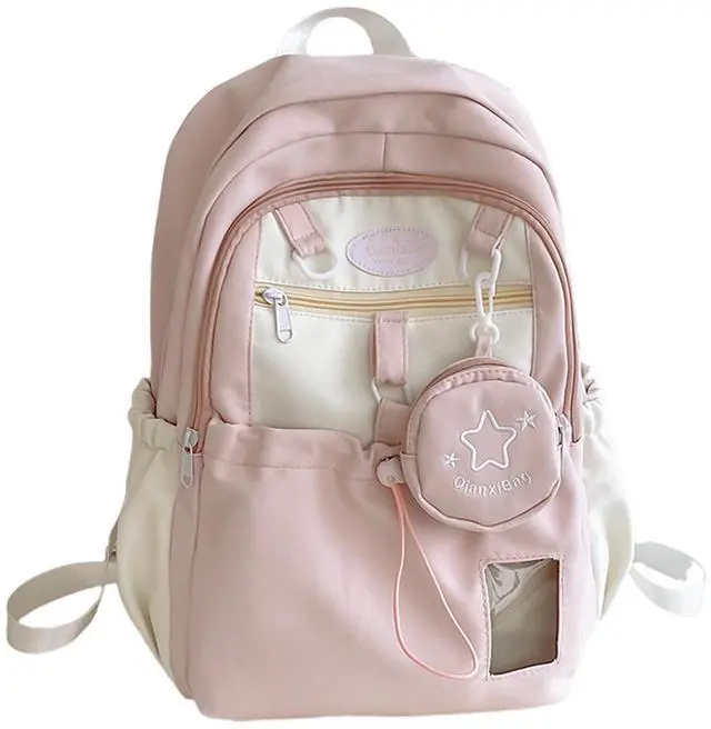 Main image of Kawaii Backpack Double Shoulder Bag with Cute Star Removable Pouch Small Clear Front Pocket Large Capacity Fits 16" Laptop Dopamine Colors Daypack (Pink)