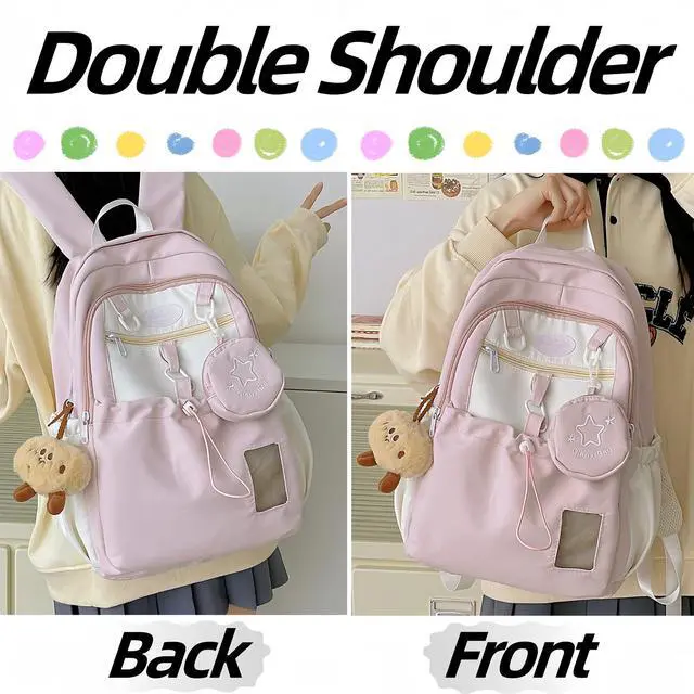 Alt view image 2 of 5 - Kawaii Backpack Double Shoulder Bag with Cute Star Removable Pouch Small Clear Front Pocket Large Capacity Fits 16" Laptop Dopamine Colors Daypack (Pink)