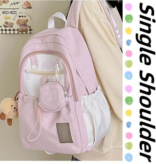 Alt view image 3 of 5 - Kawaii Backpack Double Shoulder Bag with Cute Star Removable Pouch Small Clear Front Pocket Large Capacity Fits 16" Laptop Dopamine Colors Daypack (Pink)