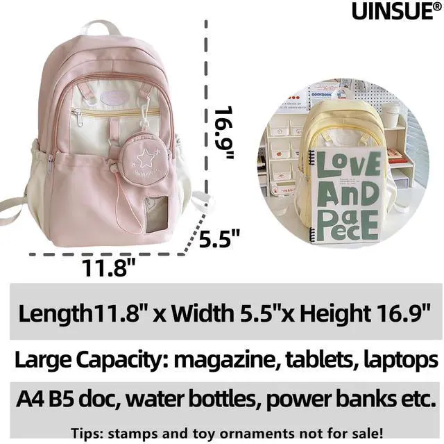 Alt view image 5 of 5 - Kawaii Backpack Double Shoulder Bag with Cute Star Removable Pouch Small Clear Front Pocket Large Capacity Fits 16" Laptop Dopamine Colors Daypack (Pink)
