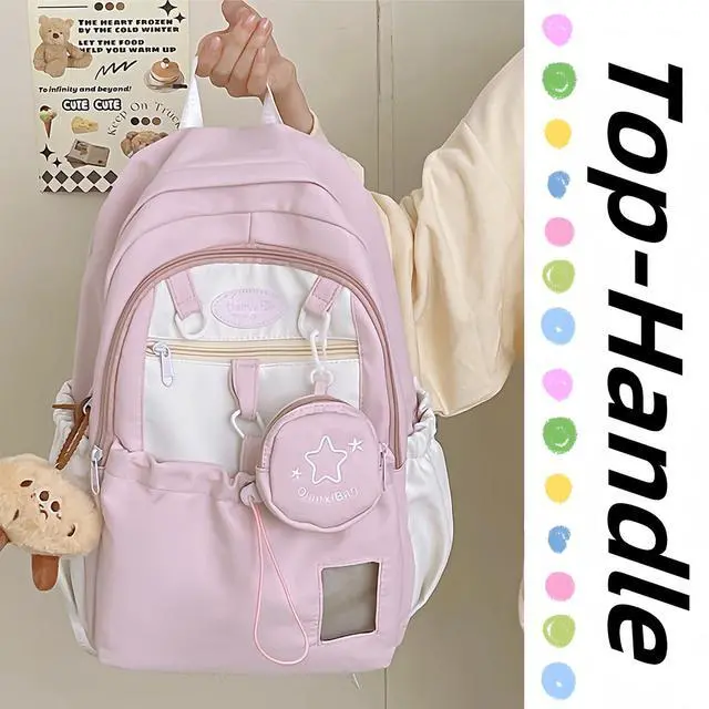 Alt view image 4 of 5 - Kawaii Backpack Double Shoulder Bag with Cute Star Removable Pouch Small Clear Front Pocket Large Capacity Fits 16" Laptop Dopamine Colors Daypack (Pink)