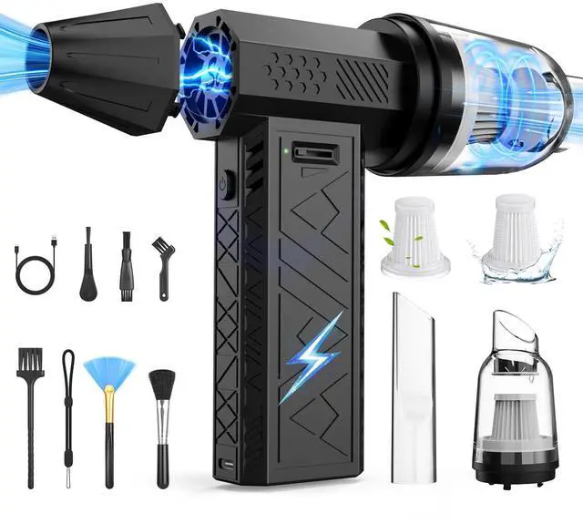 Main image of Compressed Air Duster and Vacuum 2 in 1, 180000RPM Powerful Electric Air Duster, 100-Gear Adjustable Ultra Brushless Motor, 8000mAh Rechargeable Air Blower for Computer, Electronics, Car, Home