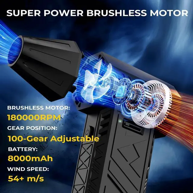 Alt view image 2 of 5 - Compressed Air Duster and Vacuum 2 in 1, 180000RPM Powerful Electric Air Duster, 100-Gear Adjustable Ultra Brushless Motor, 8000mAh Rechargeable Air Blower for Computer, Electronics, Car, Home