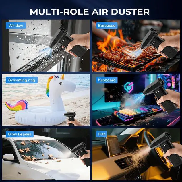 Alt view image 3 of 5 - Compressed Air Duster and Vacuum 2 in 1, 180000RPM Powerful Electric Air Duster, 100-Gear Adjustable Ultra Brushless Motor, 8000mAh Rechargeable Air Blower for Computer, Electronics, Car, Home