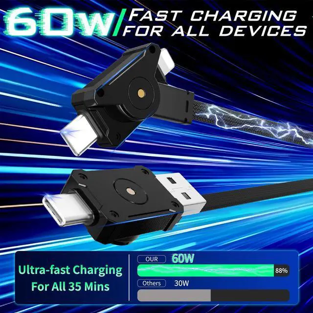 Alt view image 3 of 5 - Travel Portable Magnetic Multi Charging Cable Short 4 in 1 USB Charger Data Cord 60W USB A/C to Type C/L Port Connectors 20cm nylon braided durable thread ideal for travelers and computer workers