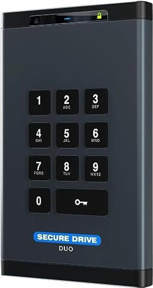 Main image of ClevX SecureData SecureDrive Duo 500GB SSD Hardware Encrypted USB 3.0 External Drive, Keypad & Phone App Unlock, FIPS 140-2 Level 3, TAA Compliant, Mac & Windows, Free Antivirus