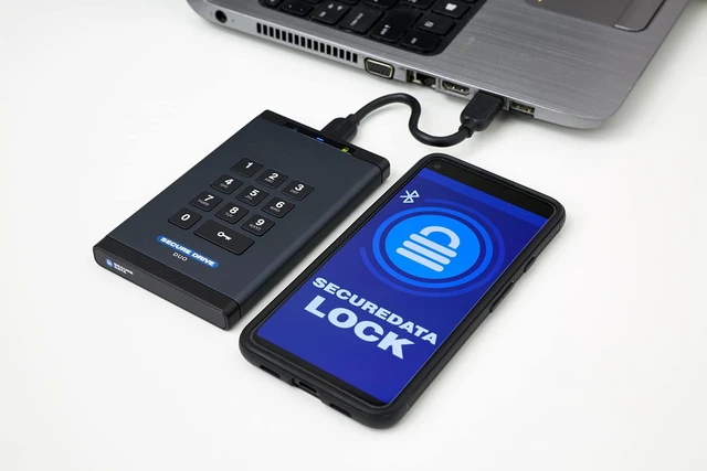 Alt view image 3 of 5 - ClevX SecureData SecureDrive Duo 500GB SSD Hardware Encrypted USB 3.0 External Drive, Keypad & Phone App Unlock, FIPS 140-2 Level 3, TAA Compliant, Mac & Windows, Free Antivirus