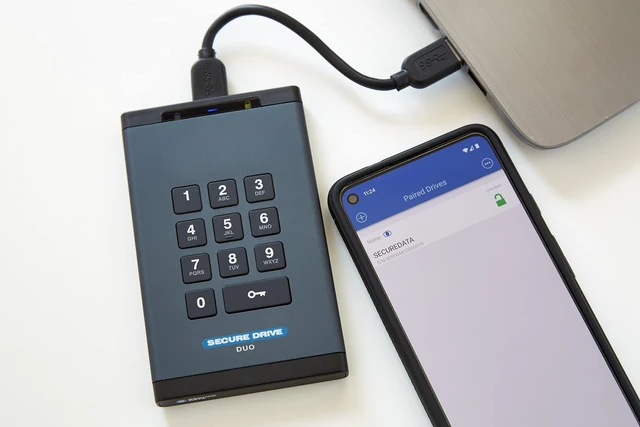 Alt view image 4 of 5 - ClevX SecureData SecureDrive Duo 500GB SSD Hardware Encrypted USB 3.0 External Drive, Keypad & Phone App Unlock, FIPS 140-2 Level 3, TAA Compliant, Mac & Windows, Free Antivirus