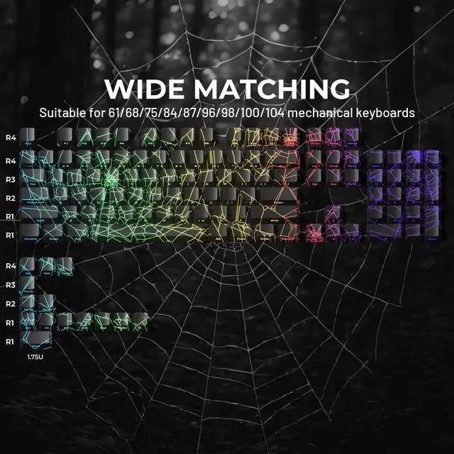 Alt view image 4 of 5 - HITIME x XVX Spider Web Keycaps 60 75 100 Percent - Shine Through Keycaps w/IMD Tech, for Mechanical Keyboards, Full 118 Key Set, OEM Profile, Lines Backlit, Side Printed - Black