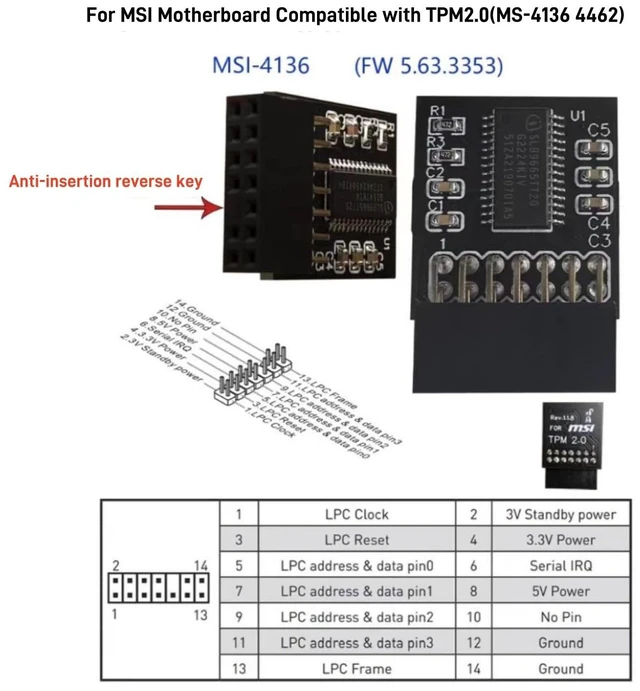 Alt view image 4 of 5 - Yeiwenl TPM 2.0 Module TPM LPC 14Pin Module for MSI Motherboard Compatible with TPM2.0(MS-4136 4462)
