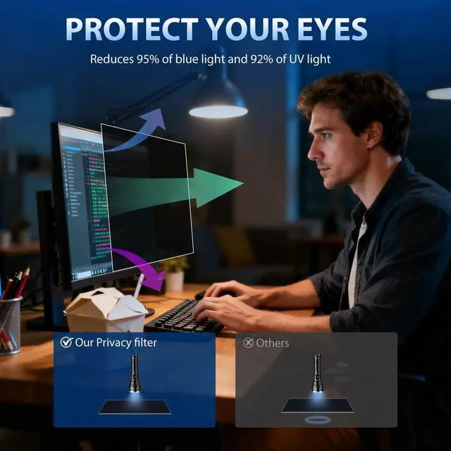 Alt view image 4 of 5 - 24 Inch Computer Privacy Screen Filter for 16:9 Aspect Ratio Widescreen Monitor, Eye Protection Anti Blue Light Privacy Shield and Anti-Glare Protector, Removable Anti-Scratch 24in Protector Film