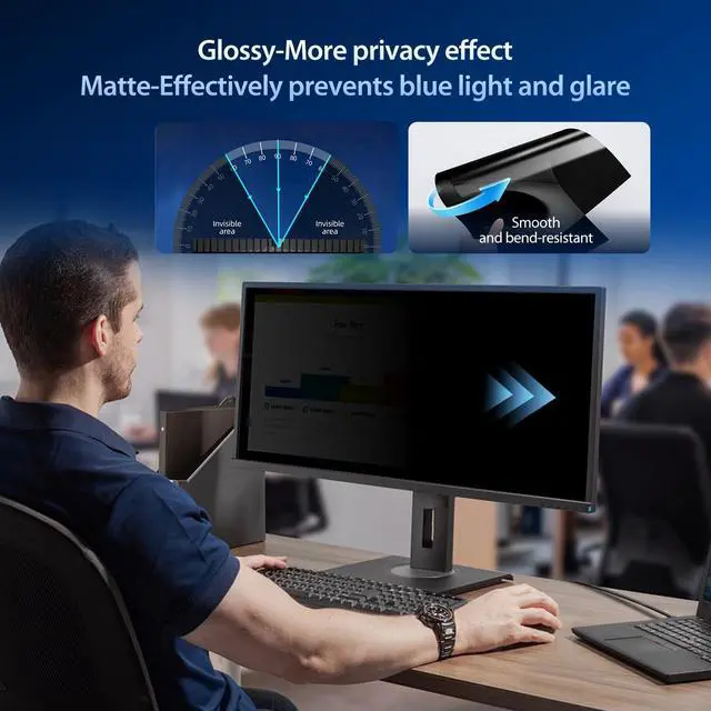 Alt view image 5 of 5 - 24 Inch Computer Privacy Screen Filter for 16:9 Aspect Ratio Widescreen Monitor, Eye Protection Anti Blue Light Privacy Shield and Anti-Glare Protector, Removable Anti-Scratch 24in Protector Film