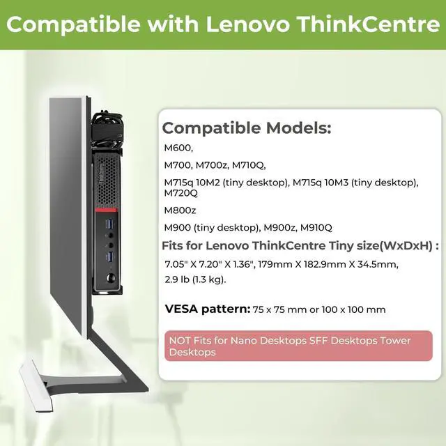Alt view image 3 of 5 - Dinghosen Mini PC Vesa Mount for Lenovo ThinkCentre M600, M700, M710Q, M715Q, M720Q, M800z, M900, M910Q, M73, Black Metal Mounting Bracket with Mouse Pad, Wall/Under Desk/VESA Mount